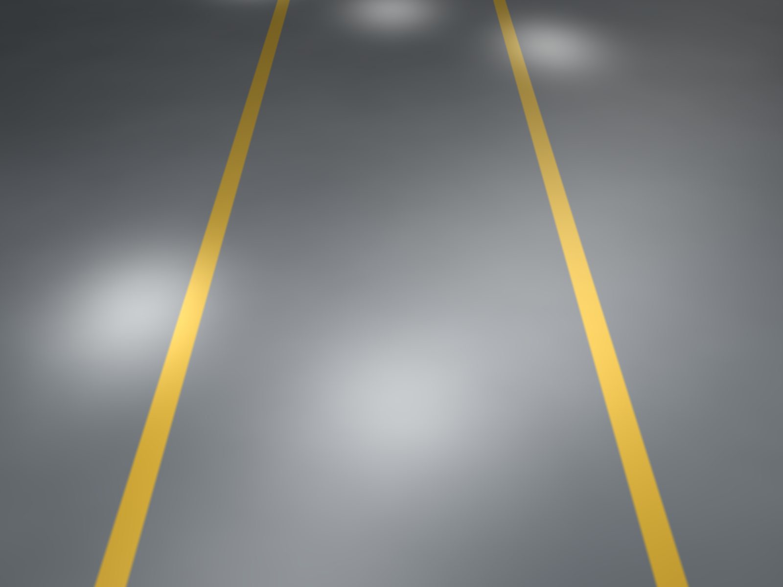 Rendu d’un sol industriel en résine gris brillant, avec lignes de sécurité jaunes et reflets des luminaires